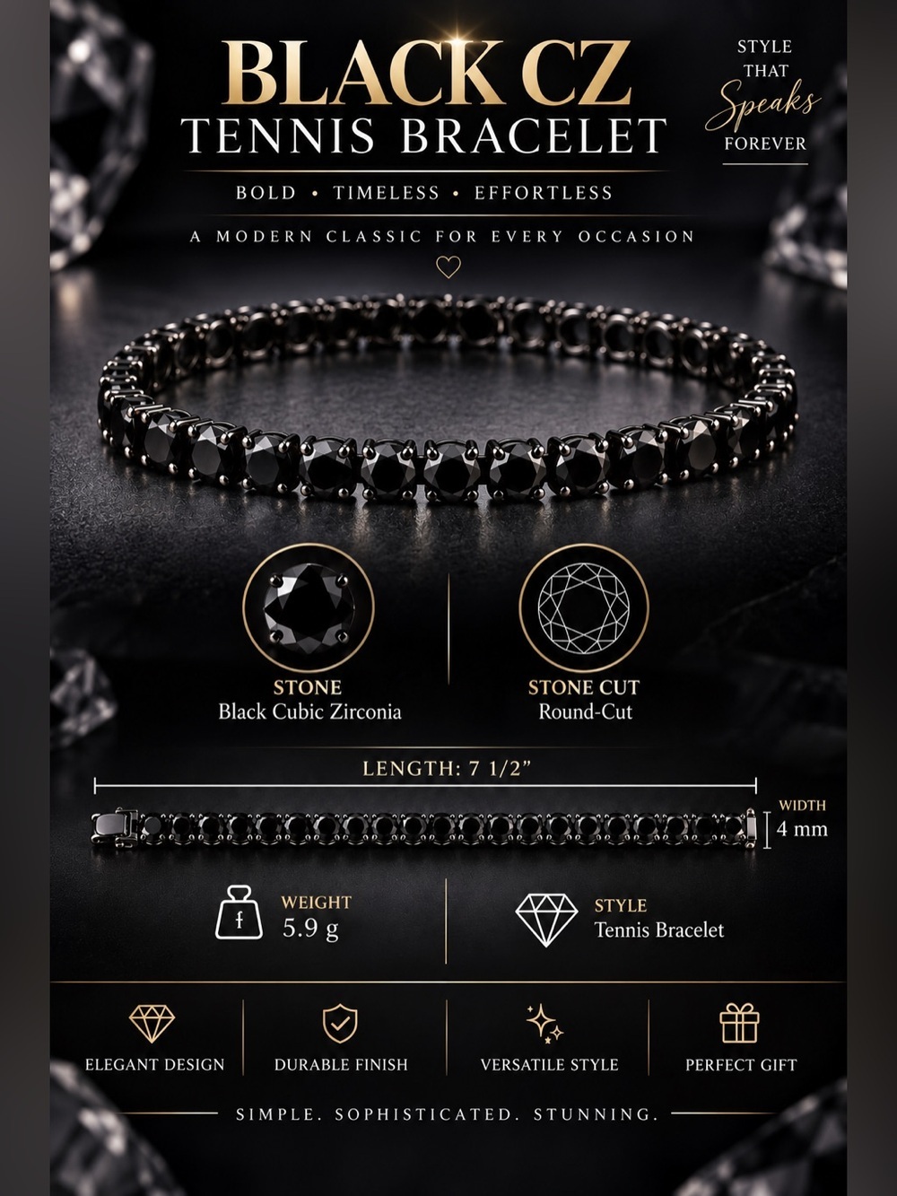 4mm Black Tone Tennis CZ Bracelet 7 1/2in. - Picture 3 of 15